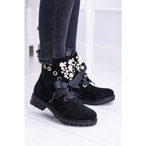 FI1 Suede Lined Ankle Boots With Pearls And Ribbon Black Perla Slike