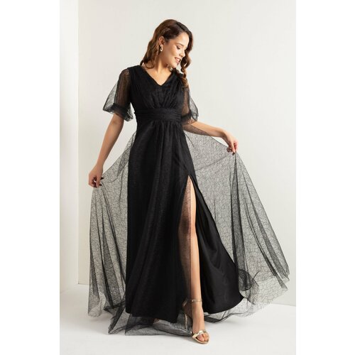 Lafaba Women's Black Balloon Sleeve Silvery Long Evening Dress Slike