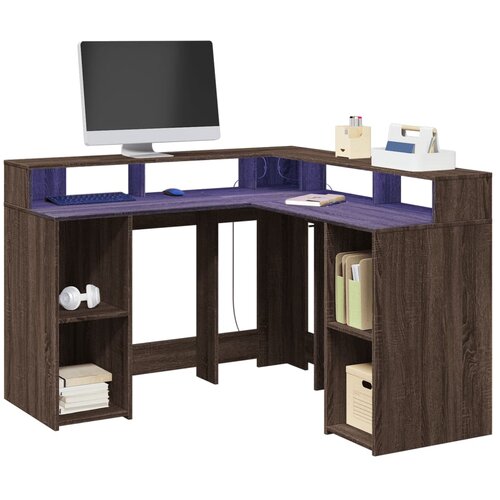 vidaXL Radni stol LED svjetlima smeđa boja hrasta 130x130x91 cm drveni Cijene