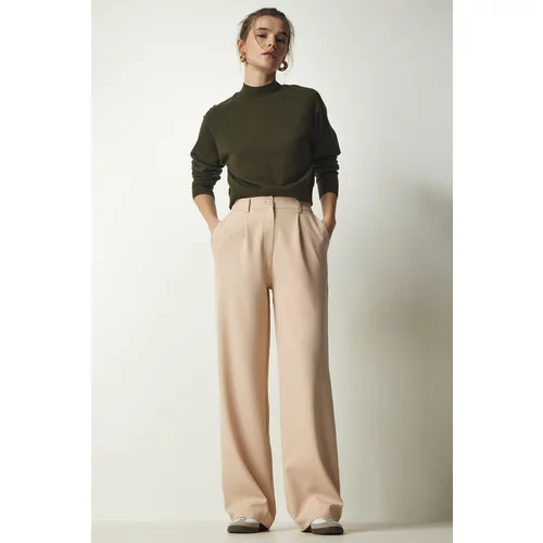 Happiness İstanbul Women's Cream Pleated Woven Trousers