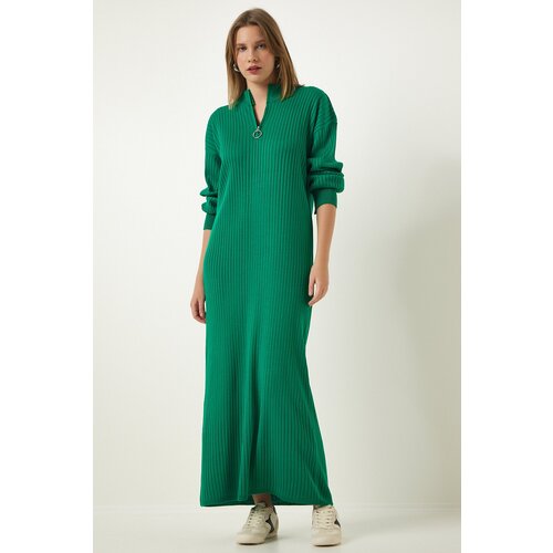  Women's Green Zipper Collar Ribbed Long Knitwear Dress Cene