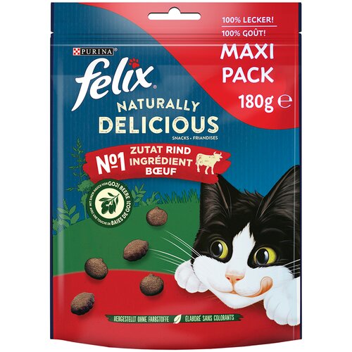 Felix Naturally Delicious mačji pribolj&amp;scaron;ki - Varčno pakiranje: Govedina z jagodami goji (3 x 180 g) Slike