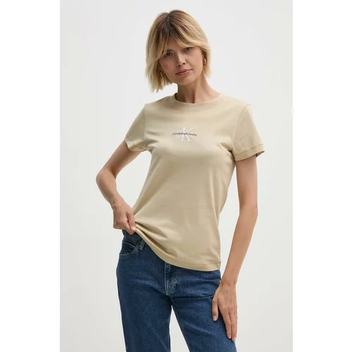 Calvin Klein Jeans Bombažna kratka majica ženska, bež barva, J20J223563