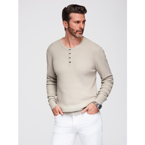 Ombre Men&amp;#039;s ribbed sweater with buttons at the neckline - beige Slike