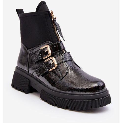 Kesi Women's patent leather boots with flat heels, black Rellisa Cene