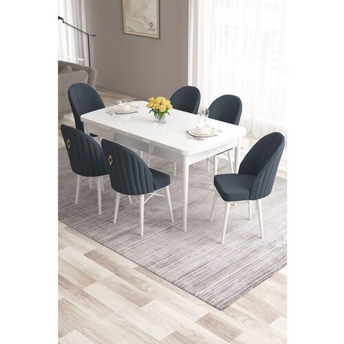 Hanah home Roz - White, Anthracite WhiteAnthracite Extendable Dining Table & Chairs Set (7 Pieces) Cene
