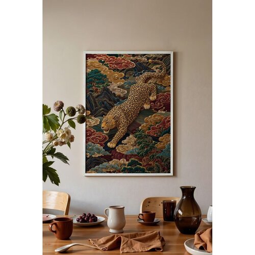 Wallxpert uramljena slika 115247, leopard u skoku među &amp;scaron;arenim oblacima i planinama, 50 x 70 cm, beli ram Slike