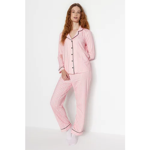 Trendyol Pink Stripe Patterned piping fleece inner Shirt-Pants Knitted Pajamas Set