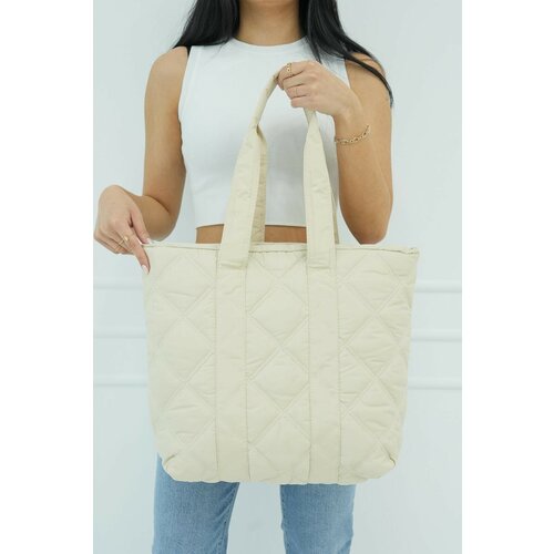 Madamra Cream Women's Quilted Pattern Puffy Bag Slike