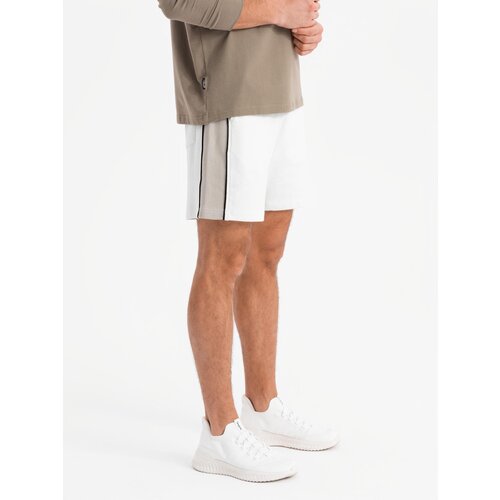 Ombre Men's short sweat shorts with wide stripes - broken white Cene