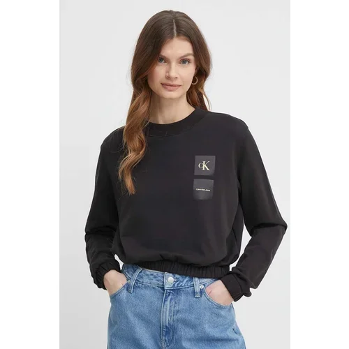 Calvin Klein Jeans Bombažen pulover ženski, črna barva, J20J223081