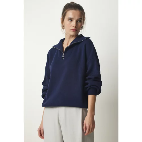 Happiness İstanbul Women's Navy Blue Zipper Collar Basic Knitwear Sweater