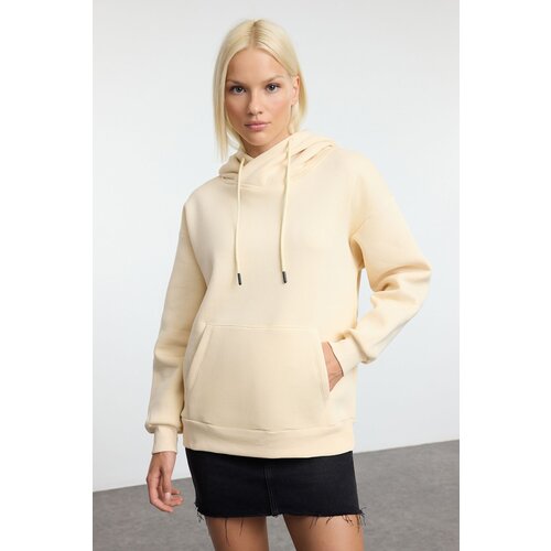 Trendyol Stone*001 Oversize Pattern Hooded Kangaroo Pocket Thick Polar Fleece Knitted Sweatshirt Slike