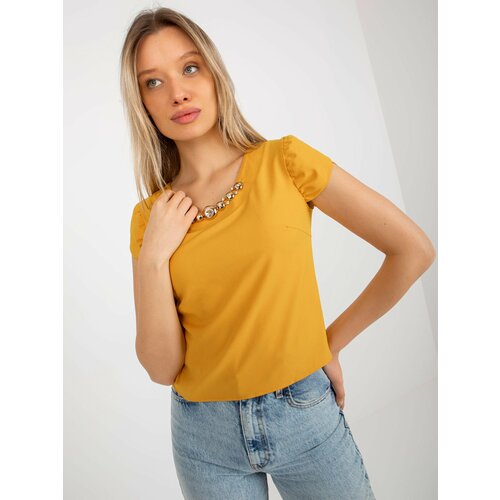 Fashion Hunters Dark yellow short formal blouse with necklace Slike
