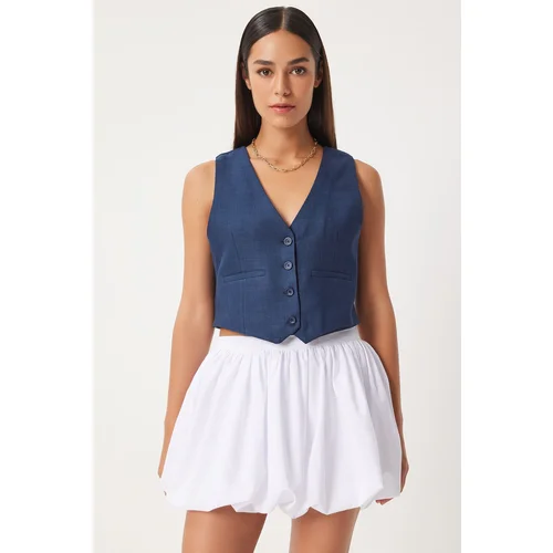 Happiness İstanbul Women's Navy Blue Linen Short Vest