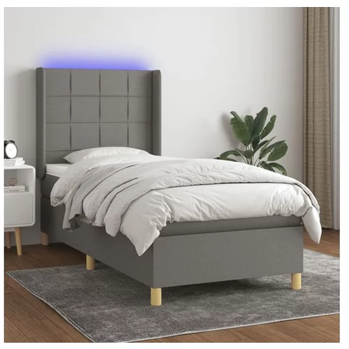  Box spring postelja z vzmetnico LED temno siva 90x200 cm blago