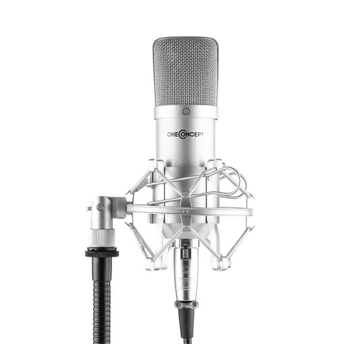 OneConcept Mic-700, studijski mikrofon, O 34 mm, kardioid, pajek, zaščita pred vetrom, XLR, srebrna