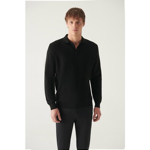 Avva Men's Black Polo Neck Herringbone Patterned Cotton Standard Fit Normal Cut Knitwear Sweater Slike