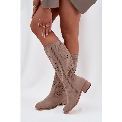 Boto Ladies Cut-Out Ankle Boots With Low Heel Eco Suede Zipped Beige Orchides Cene