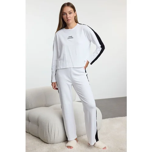 Trendyol White Cotton Slogan Striped Knitted Pajamas Set