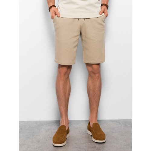 Ombre Men's knitted shorts with decorative elastic waistband - beige Slike