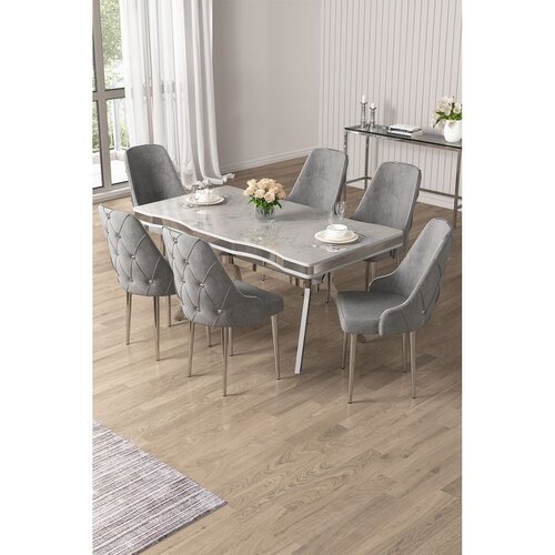 Hanah home trpezarijski set Vae, sto i 6 stolica, ploča u dekoru belog mermera, hromirane noge, siva tkanina Babyface Cene