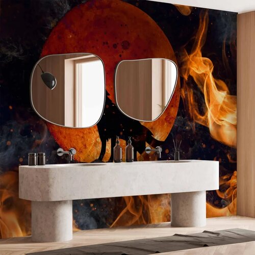  Foto tapeta - Wild nature - wolf on a background of a red moon in flames of fire 250x175 Vodootporna Slike