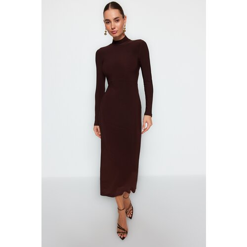 Trendyol Brown Stand-Up Collar Fitted/Slippery Knitted Maxi Dress Cene