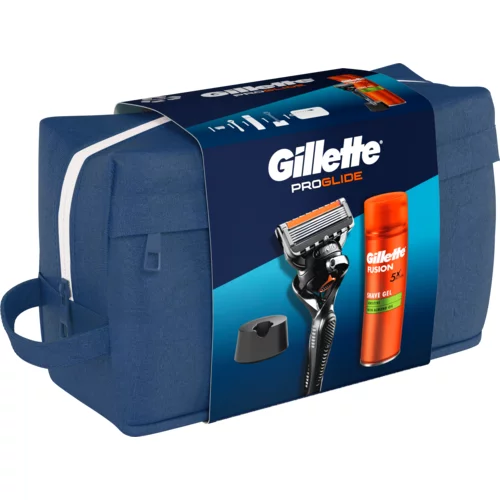Gillette ProGlide Set brivnik ProGlide 1 kos + gel za britje Fusion Shave Gel Sensitive 200 ml + držalo za brivnik + kozmetična torbica za moške