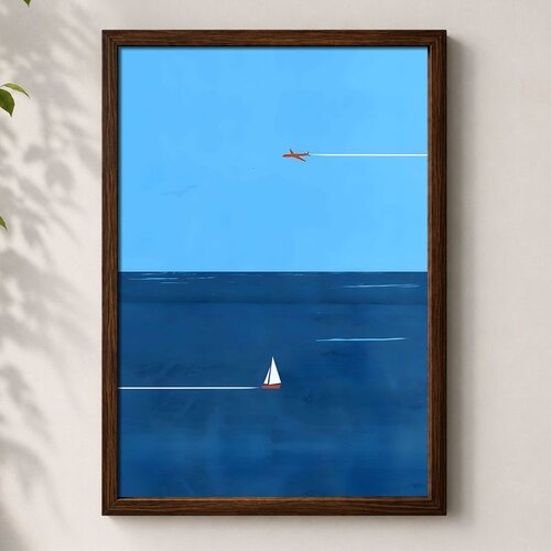 Wallxpert uramljena mdf slika 3752KACT-005, avion i jedrilica na plavom moru, minimalistički motiv, 37 x 52 cm Cene