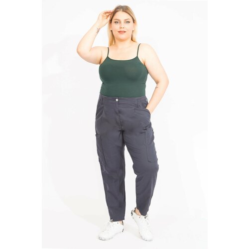 Şans Women's Plus Size Navy Blue Cargo Trousers with Pocket, Hidden Belt Slike