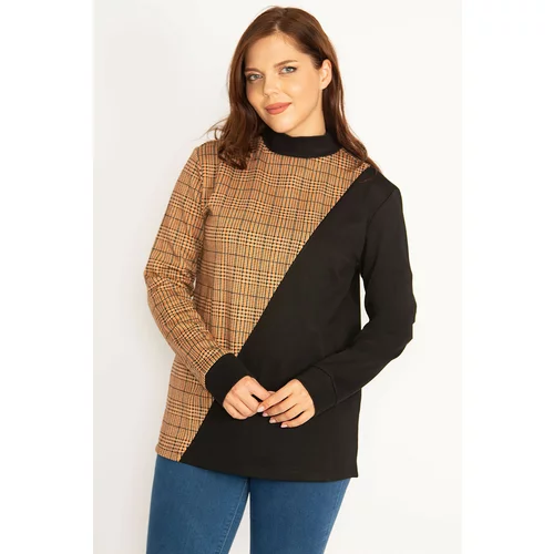 Şans Women's Plus Size Brown Plaid Sweatshirt