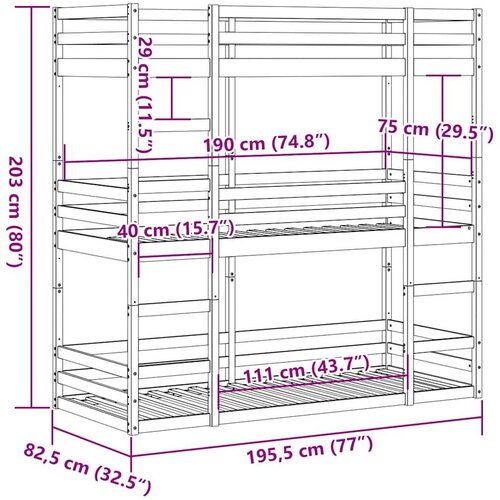 vidaXL trostruki krevet na kat bijeli 75x190 cm od masivne borovine Cijene