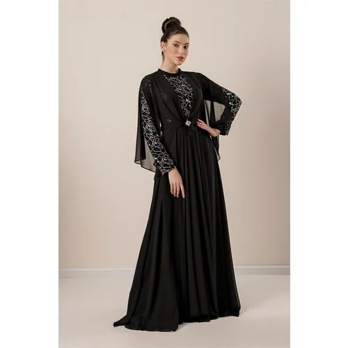 By Saygı Gilded Sequins Waist with Stone Vefeather Detail Lined Chiffon Hijab Dress Black.