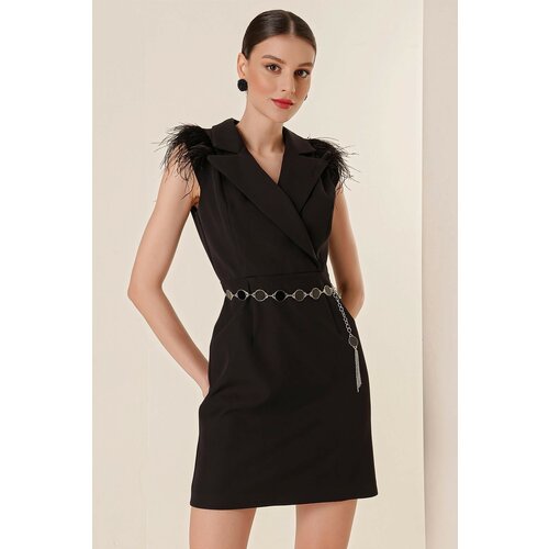 By Saygı Double-breasted Collar Feather Detailed Dress With a Belt Black Slike