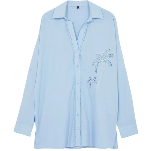 Trendyol Blue Woven Embroidered 100% Cotton Shirt