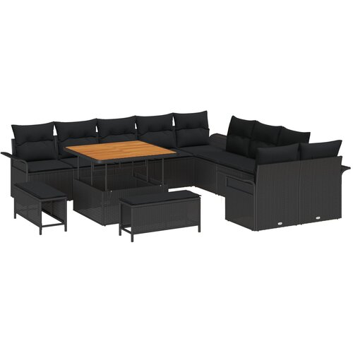 VidaXL 13-delni vrtni sofa set z blazinami črni poli ratan akacija, 2-sedežna vrtna sofa z blazinami črni poli ratan, 3-delni vrtni jedilni set z blazinami črni poli ratan akacija Slike