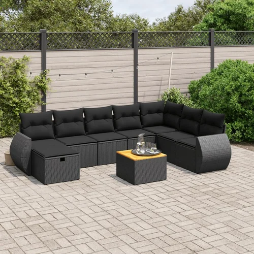 vidaXL 9-dijelni set vrtnih sofa s jastucima crni od poliratana