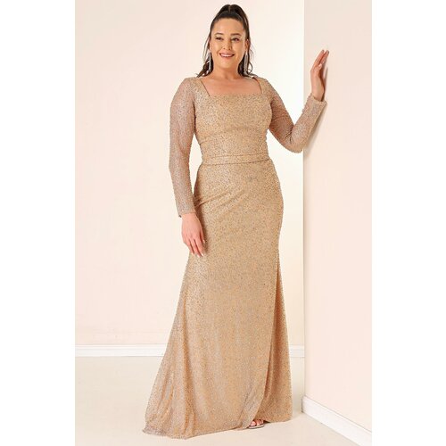 By Saygı Square Neck Lined Plus Size Long Dress with Cut Stones Cene