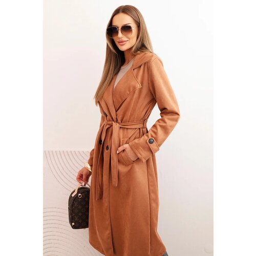 Kesi Włoski Women's coat tied at the waist with a collar and buttons camel Cene