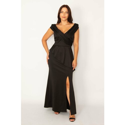 Şans Women's Large Size Black Wrap Neck Waist Part Flounce Front Slit Long Evening Dress Cene