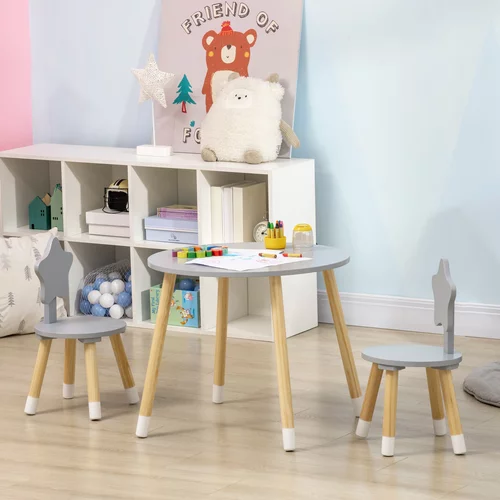 HOMCOM Garnitura mize z dvema stoloma za otroke od 18 mesecev dalje, enostavno sestavljiva lesena oprema za otroško sobo, siva, (20755493)