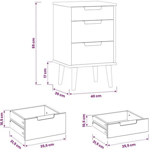  Noćni ormar s ladicama Crna 40 x 35 x 65 cm Masivna borovina - Crna Slike