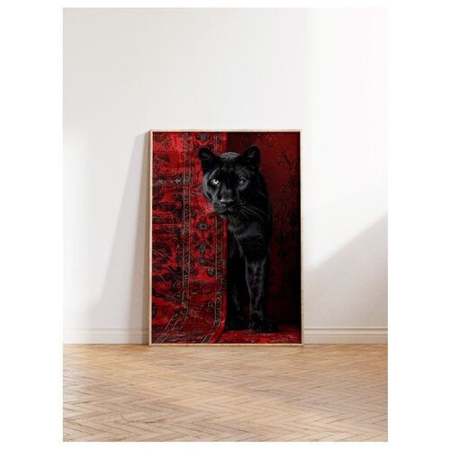 Wallxpert uramljena slika 115238, crni panter na crvenom orijentalnom ćilimu, 50 x 70 cm, ram u boji prirodnog drveta Slike