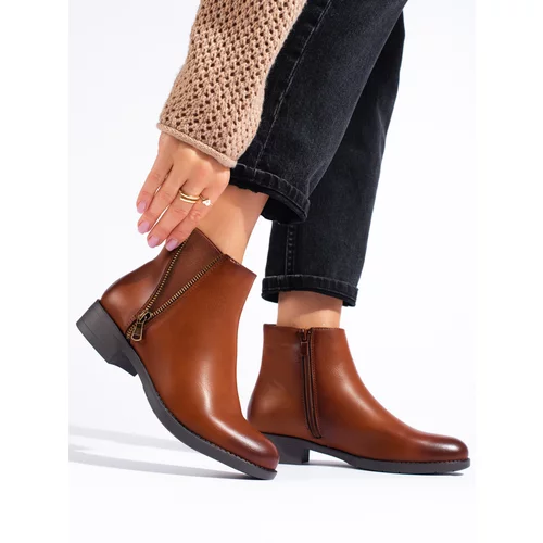 SHELOVET Classic low-top camel ankle boots with a decorative zipper