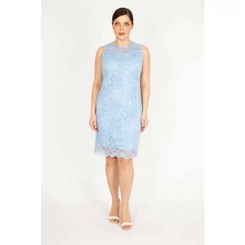 Şans Women's Baby Blue Plus Size Lined Lace Evening Dress.