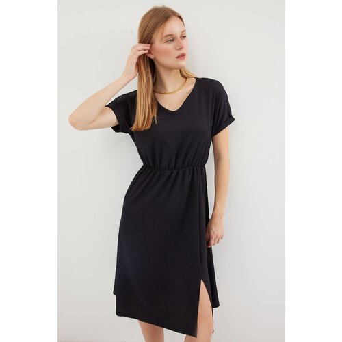 Bigdart 2378 V Neck Slit Knitted Dress - Black Slike