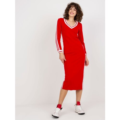 Fashion Hunters Red Sweatshirt Midi Dress with V-Neck Slike
