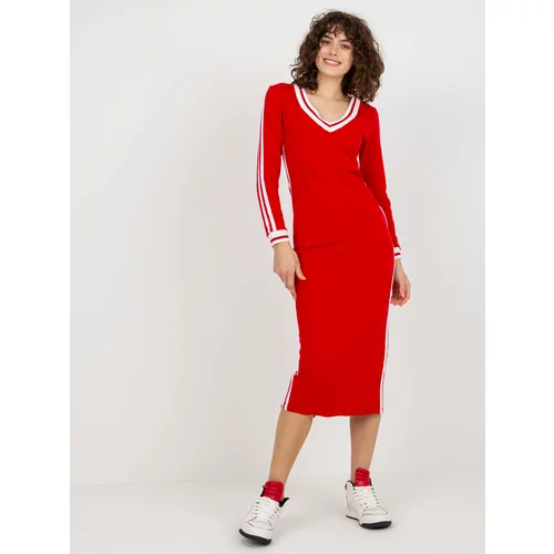 Fashionhunters Red Sweatshirt Midi Dress with V-Neck