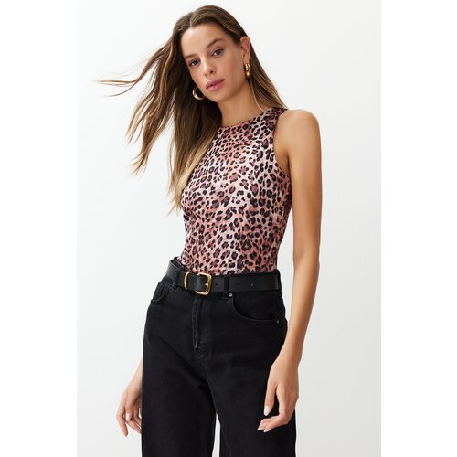 Trendyol light brown leopard patterned barbell neck flexible snaps knitted bodysuit Cene